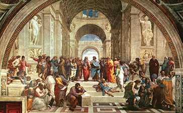 Atina Okulu — Raffaello Sanzio, Stanza della Segnatura, Vatikan Raffaello'nun Atina Okulu freski: kemerli mimari mekanda toplanmış antik filozoflar, merkezde Platon ve Aristoteles